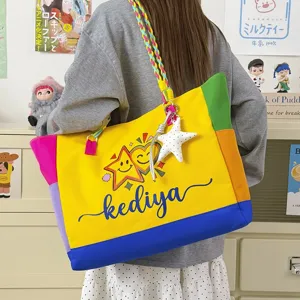 Dopamine color-blocked canvas tote bag with braided strap, large capacity casual shoulder bag for women.