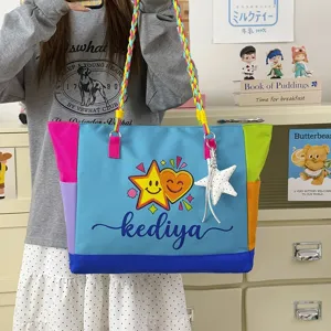 Dopamine color-blocked canvas shoulder bag with braided straps, large capacity casual tote.