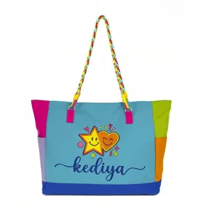 Colorful color-blocked canvas tote bag with braided handles, dopamine style casual shoulder bag.