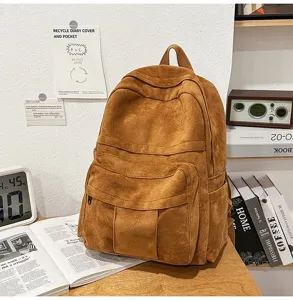 Vintage brauner Wildleder Rucksack Freizeit Pendler Reisetasche retro Schulranzen