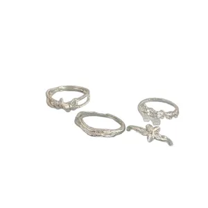 Sweet floral butterfly open rings set, versatile silver stackable finger jewelry for women.