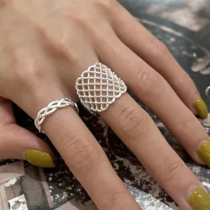 Minimalist Copper Geometric Hollow Mesh Open Ring For Women Personalized Adjustable Knitted Texture Stacking Finger Ring Chic Daily Party Jewelry Gift