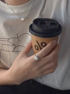 Chic silver square smiley face necklace and matching ring set, trendy minimalist clavicle chain.