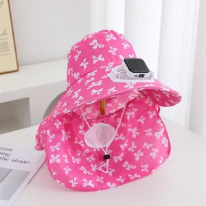 Été solaire alimenté ventilateur chapeau de soleil femmes protection UV large bord chapeau rose