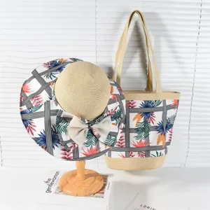 Μόδα Γυναικείο Ψάθινο Καπέλο Ήλιου Παραλίας Μεγάλο Γείσο Πτυσσόμενο Καπέλο Παναμά Και Τσάντα Tote με Τύπωμα Τροπικών Φυτών Σετ Διακοπών