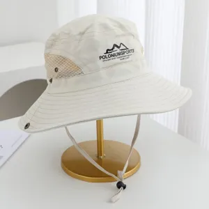 Outdoor breathable sun protection fisherman hat in beige with mesh sides and adjustable cord.