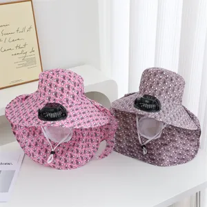 Chapeau de Soleil avec Ventilateur Solaire Femme Large Bord Protection Cou Mesh Respirant Polyester Imprimé Floral pour Jardinage Pêche Voyage