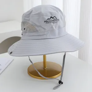 Breathable outdoor hiking bucket hat in light gray with side mesh panels and adjustable chin strap.
