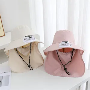 Summer solar powered fan sun hat outdoor large brim anti-UV fishing hat with neck flap
