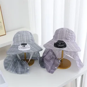 Summer sun protection fisherman hat with solar fan wide brim neck flap anti-UV outdoor sun hat