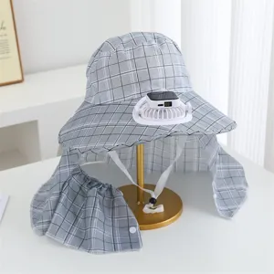 Summer sun protection plaid bucket hat with solar fan and neck flap for women outdoor