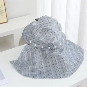 Grey Plaid Sun Hat with Large Brim Solar Fan Shawl for Outdoor UV Protection and Farming