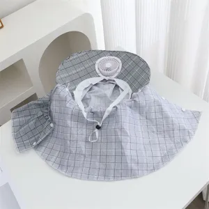 Detailed view of the plaid sun hat with built-in fan and shawl for sun protection.