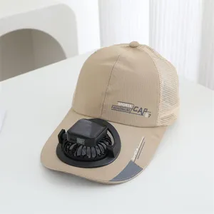 Close-up detail of the khaki mesh baseball cap with integrated solar charging fan brim.