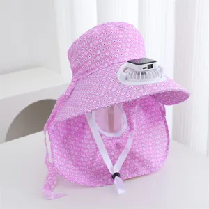Chapeau de soleil femme avec ventilateur solaire motif floral protection UV été plage