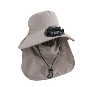 Summer solar powered fan sun hat for women, outdoor large brim fishing UV protection cap.