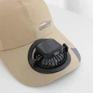 Summer solar powered fan baseball cap with USB charging and digital display screen.