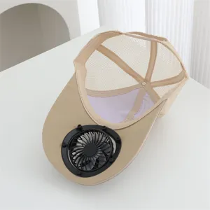 Beige mesh baseball cap with built-in mini fan, summer sun protection cooling hat.