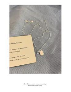 Sweet blue heart necklace for women minimalist square tag clavicle chain fashion jewelry