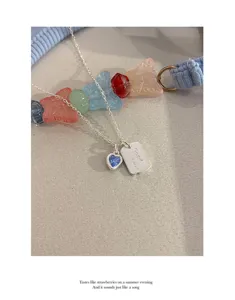 Sweet blue heart necklace with square tag and delicate chain for women elegant jewelry