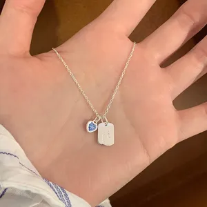 Sweet Blue Heart Pendant Necklace Copper Rhinestone Engraved Square Tag Choker Necklace Fashion Daily Jewelry Gift For Women