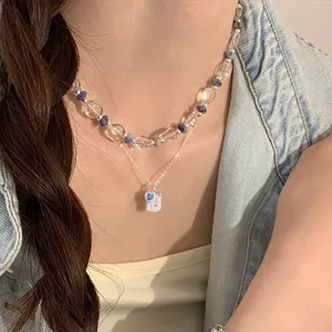 Sweet blue heart layered necklace crystal beaded clavicle chain fashion jewelry