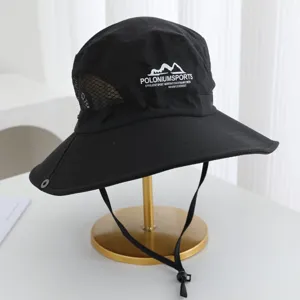 Detail shot of black outdoor hiking fisherman hat, breathable mesh and quick-dry sun protection.