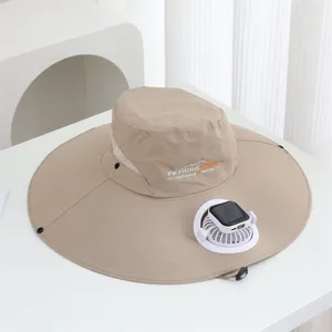 Chapeau de soleil d'été ventilateur solaire large bord respirant randonnée pêche kaki