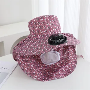 Vue détaillée chapeau de soleil ventilateur solaire, casquette anti-UV jardinage été.