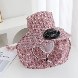 Chapeau de protection solaire d'été avec ventilateur solaire imprimé floral large bord