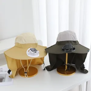 Outdoor sun protection bucket hat with solar fan and neck flap, summer UV proof fishing hat.