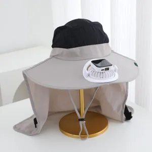 Outdoor sun protection bucket hat with solar fan neck flap cooling cap summer hiking fishing
