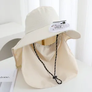 Detail view of beige sun protection hat with built-in rechargeable mini fan for outdoor.