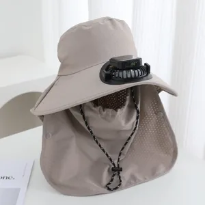 Detailed view of the outdoor sun hat featuring a built-in electric cooling fan and neck flap.