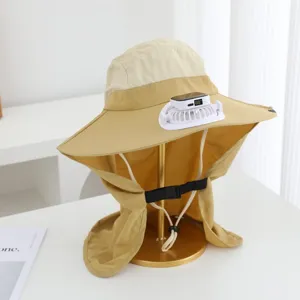 Summer sun protection hat with solar fan and neck flap, ideal for outdoor hiking and fishing.