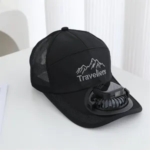 Detail view of black mesh sun hat featuring a built-in rechargeable mini fan and display.