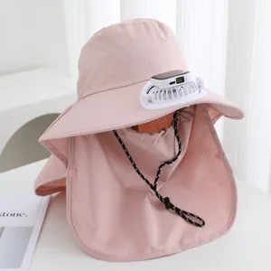 Pink sun protection hat with solar charging mini fan and neck flap for outdoor beach fishing summer.