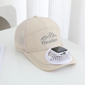 Rechargeable sun protection baseball cap with built-in cooling fan, breathable mesh outdoor hat.