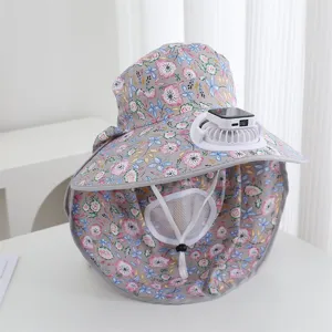 Floral sun protection hat with solar charging fan, large brim, shawl and breathable face mask.