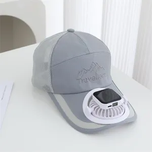 Rechargeable solar fan baseball cap for summer outdoor sports, breathable mesh sun hat.