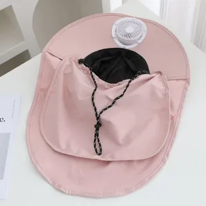 Pink outdoor sun protection hat with built-in mini fan, wide brim and breathable neck flap.