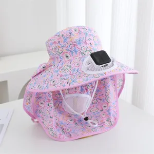 Solar powered fan sun hat with wide brim and face cover, perfect for outdoor farming.