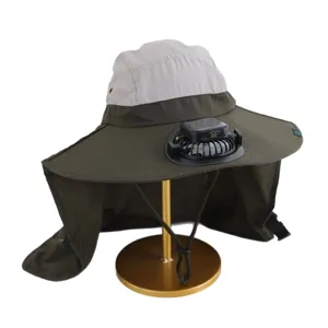 Outdoor solar fan sun hat with neck flap, UV protection summer fishing hat for hiking.