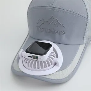 Detail view of a grey mesh baseball cap featuring a portable solar rechargeable fan on brim.