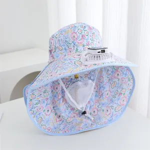 Floral sun hat with solar powered fan and breathable neck flap for outdoor summer anti-UV.