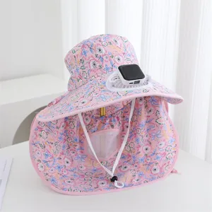 Women floral sun hat with solar powered fan large brim neck flap breathable summer outdoor farming cap