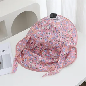 Details of the floral sun hat with solar fan, showing the breathable neck flap and brim.