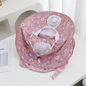 Pink floral sun hat detail, large brim with breathable mesh face mask and built-in mini fan.