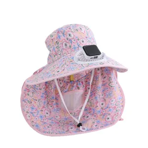 Pink floral sun protection hat with solar fan large brim neck flap for outdoor farming gardening