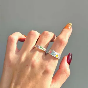 Cute colorful doodle open ring, indie design silver metal ring with enamel cartoon charm.